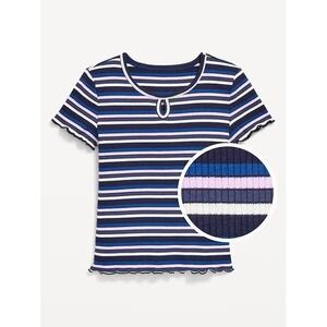 Old Navy Girl's Short Sleeve Lettuce Edge Keyhole Top - Blue/Pink Stripe - Med
